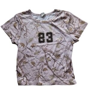 Womens Woodland Camo 23 Graphic Baby Tee Short Sleeve T-Shirt Large Brown Tan